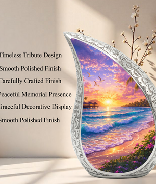 Personalized Beach Cremation Urn – Custom Ocean Sunset Memorial Urn for Ashes, Tropical Beach Teardrop Aluminum Adult Urn, 10 Inch |