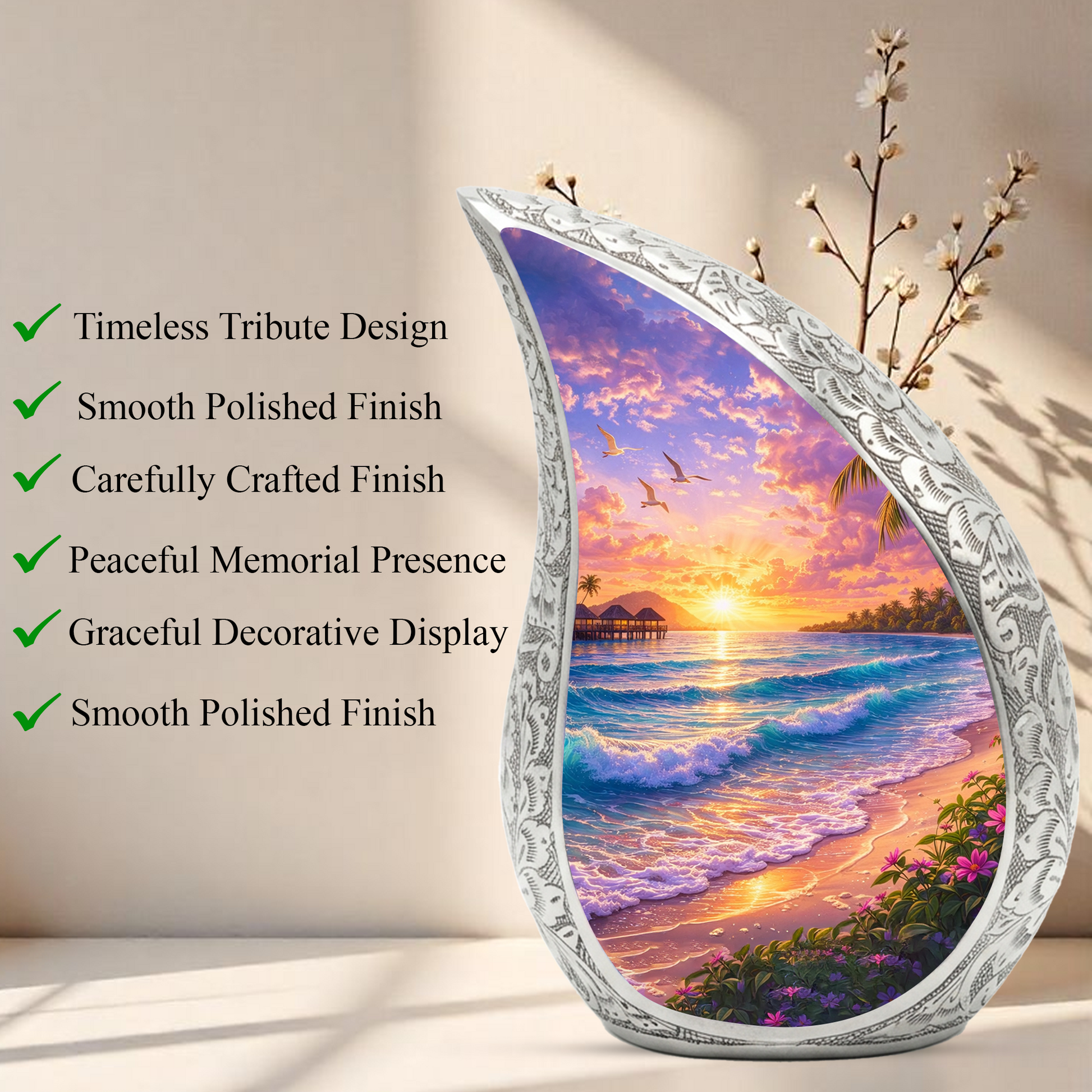 Personalized Beach Cremation Urn – Custom Ocean Sunset Memorial Urn for Ashes, Tropical Beach Teardrop Aluminum Adult Urn, 10 Inch |