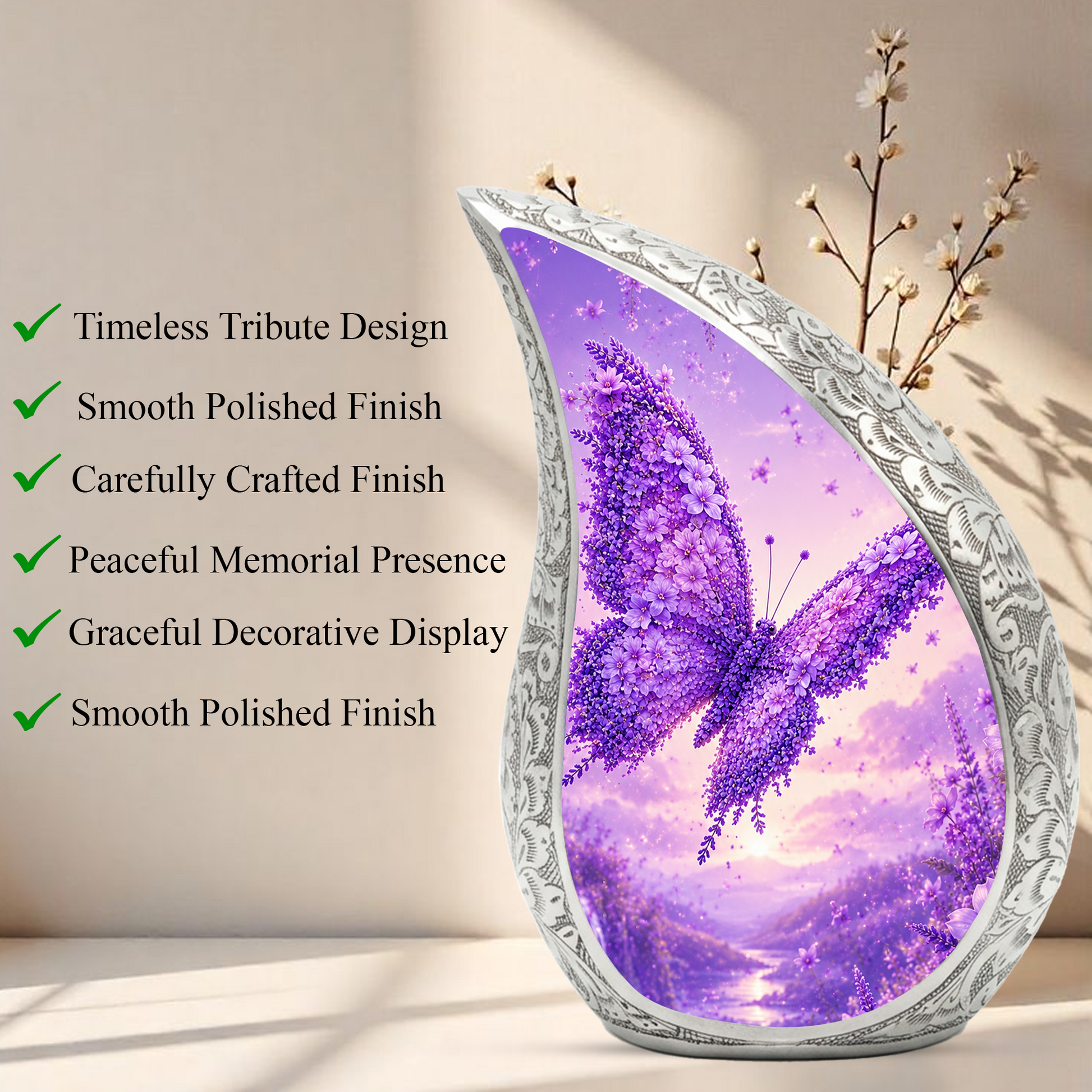 Butterfly Urn for Human Ashes | Purple Floral Adult Cremation Urn | Beautiful Butterfly Memorial Urn for Ashes