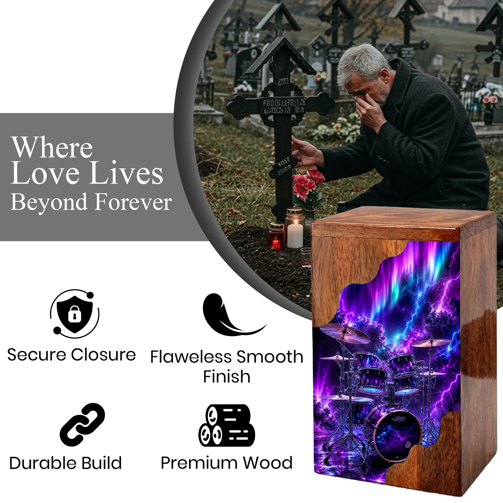 Drummer Wooden Cremation Urn – Aurora Memorial Urn
