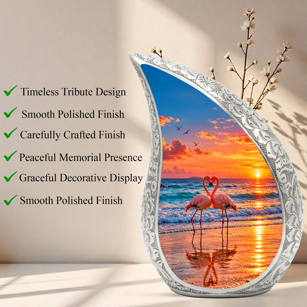 Flamingo Cremation Urn for Ashes, Beach Sunset Memorial Urn, Adult Aluminum Urn