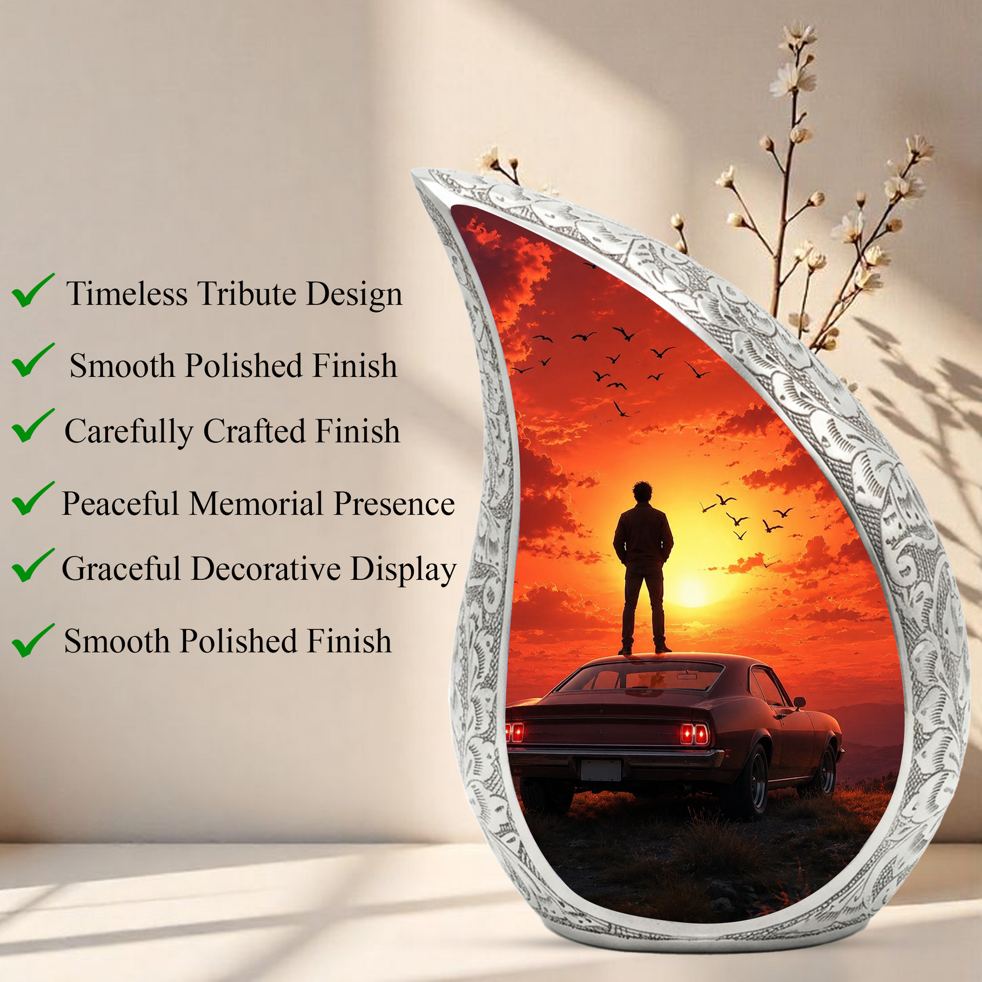 Classic Muscle Car Sunset Urn for Adult Ashes – Vintage Car Memorial Cremation Urn