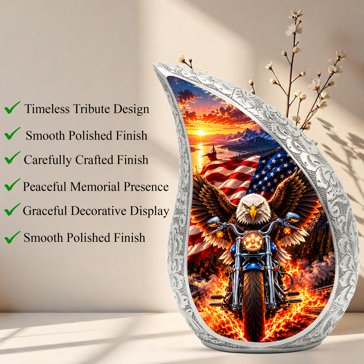 Patriotic Eagle Motorcycle Urn for Human Ashes, American Flag Adult Cremation Urn