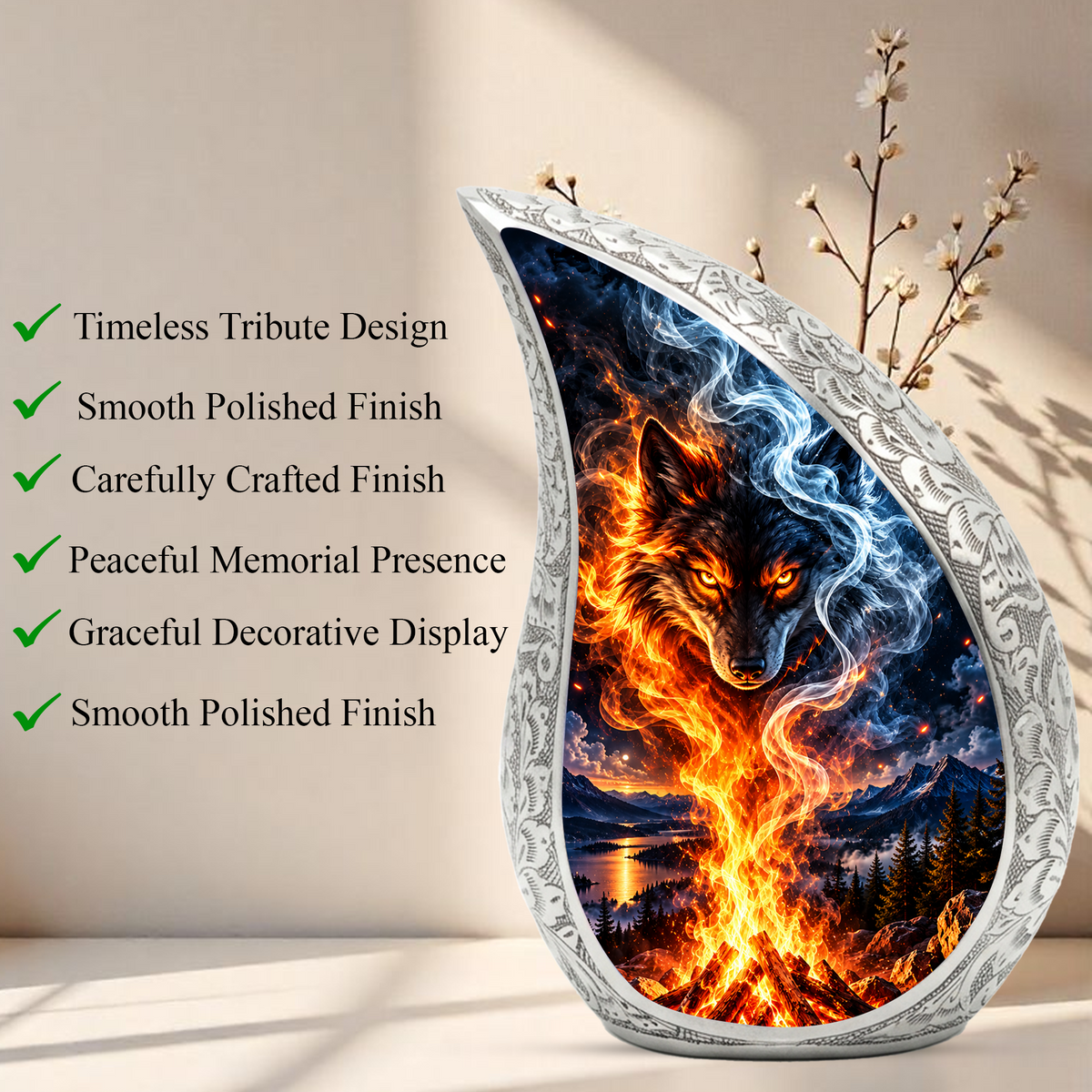 Wolf Cremation Urn for Ashes, Fire and Ice Wolf Adult Memorial Urn