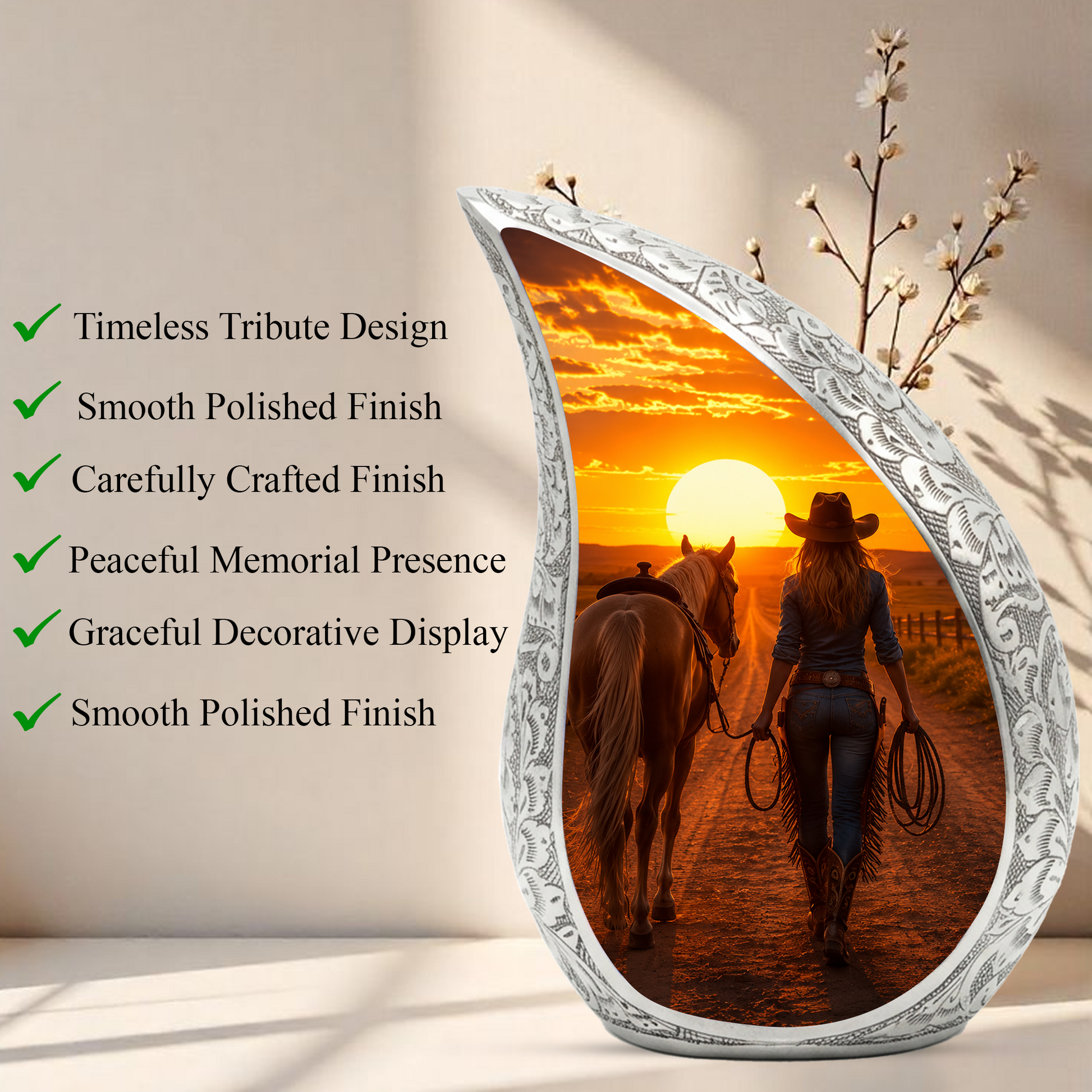 Cowgirl Sunset Urn for Mom – Western Horse Cremation Urn for Human Ashes