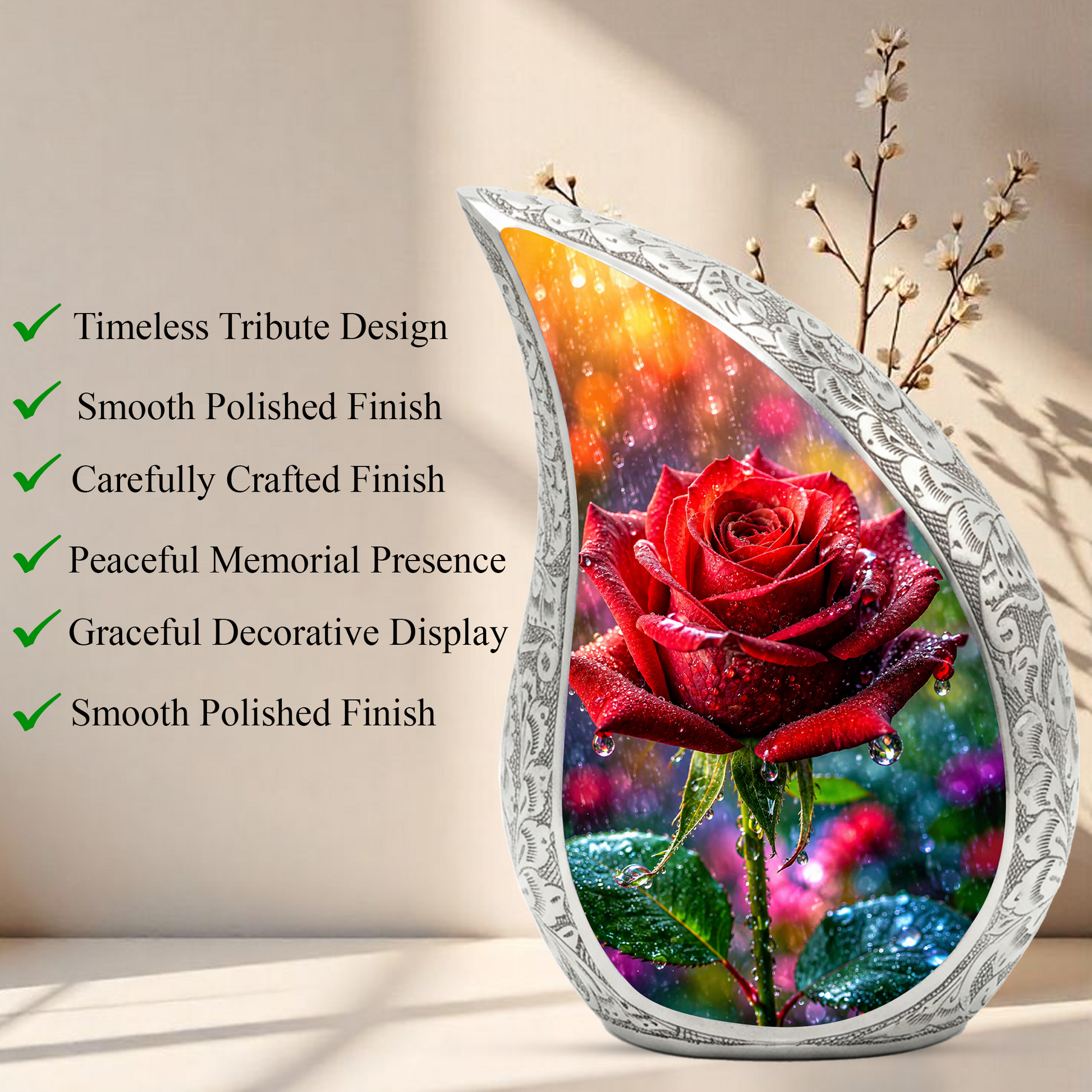 Red Rose Memorial Urn for Mom, Elegant Cremation Urn for Women