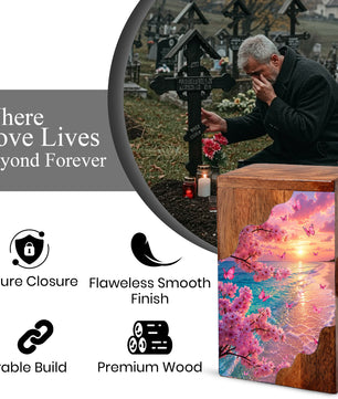 Cherry Blossom Beach Wooden Cremation Urn – Butterfly Memorial Urn for Human Ashes