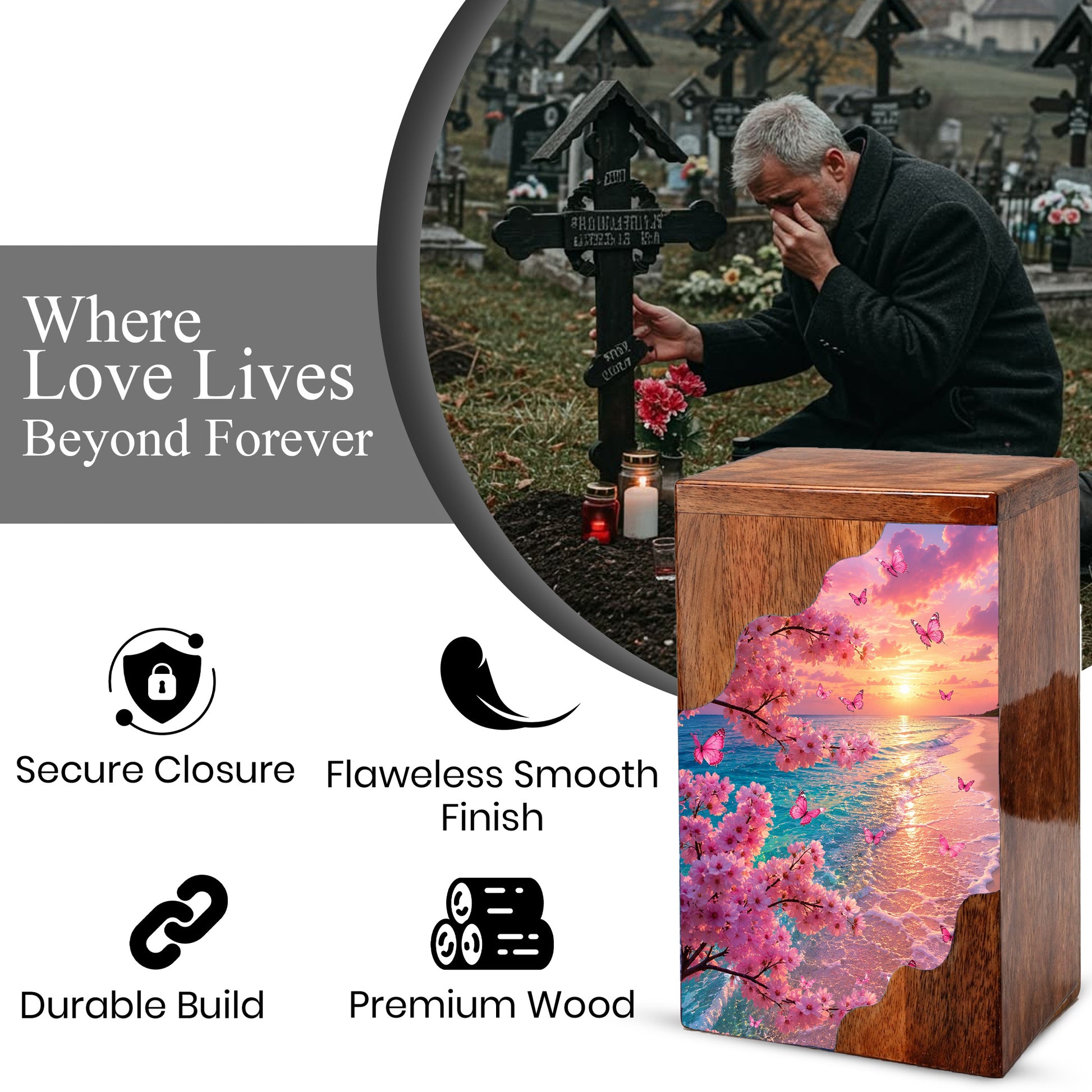 Cherry Blossom Beach Wooden Cremation Urn – Butterfly Memorial Urn for Human Ashes