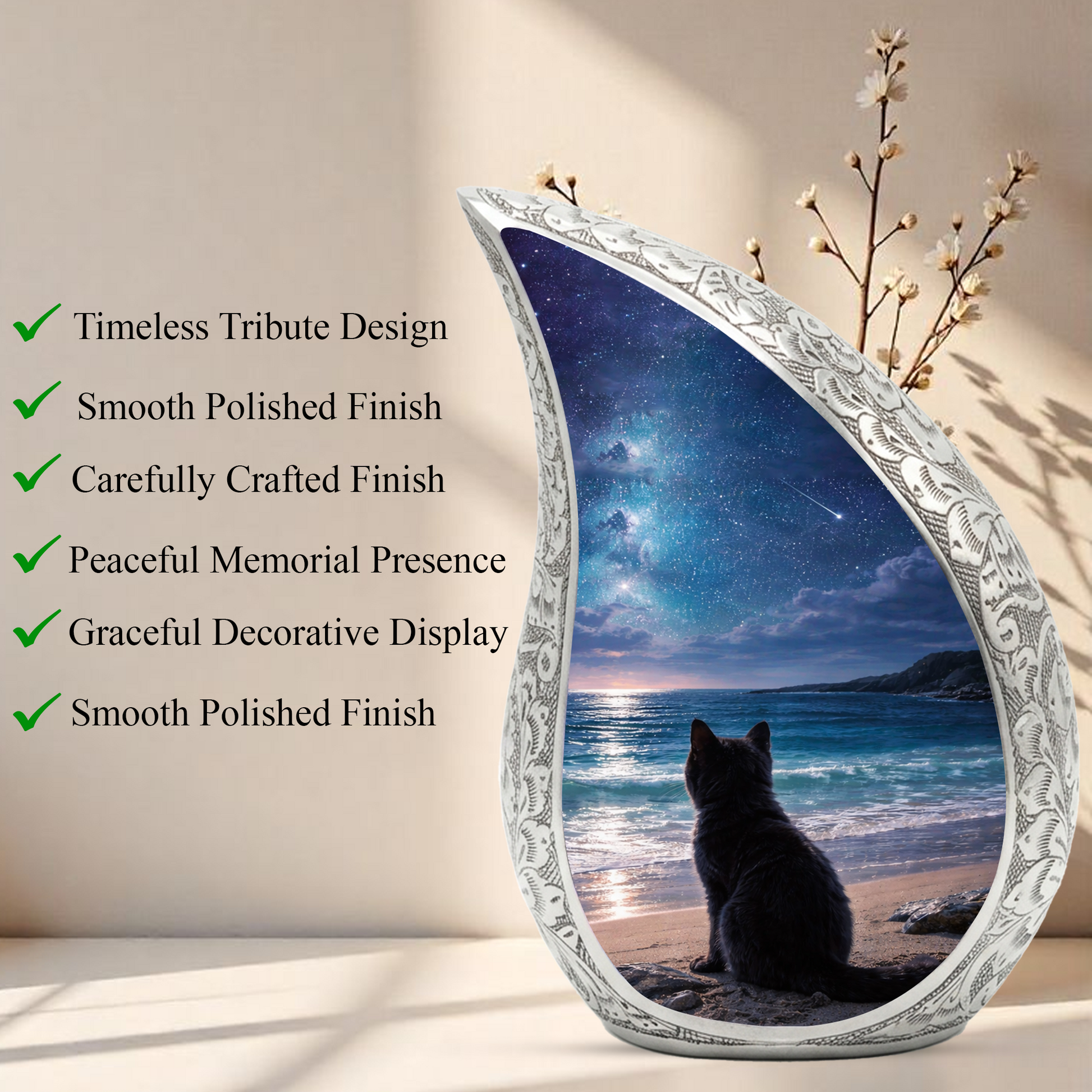 Personalized Cat Urn, Moonlight Beach Cat Urn for Ashes-Memorial Urn For Ashes