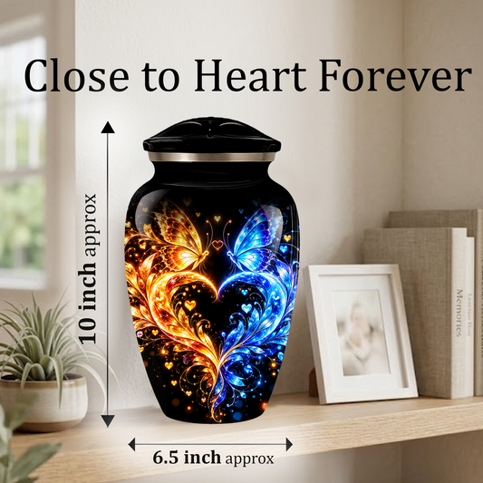 Butterfly Cremation Urn for Adult Ashes, Blue and Gold Butterflies Memorial Urn