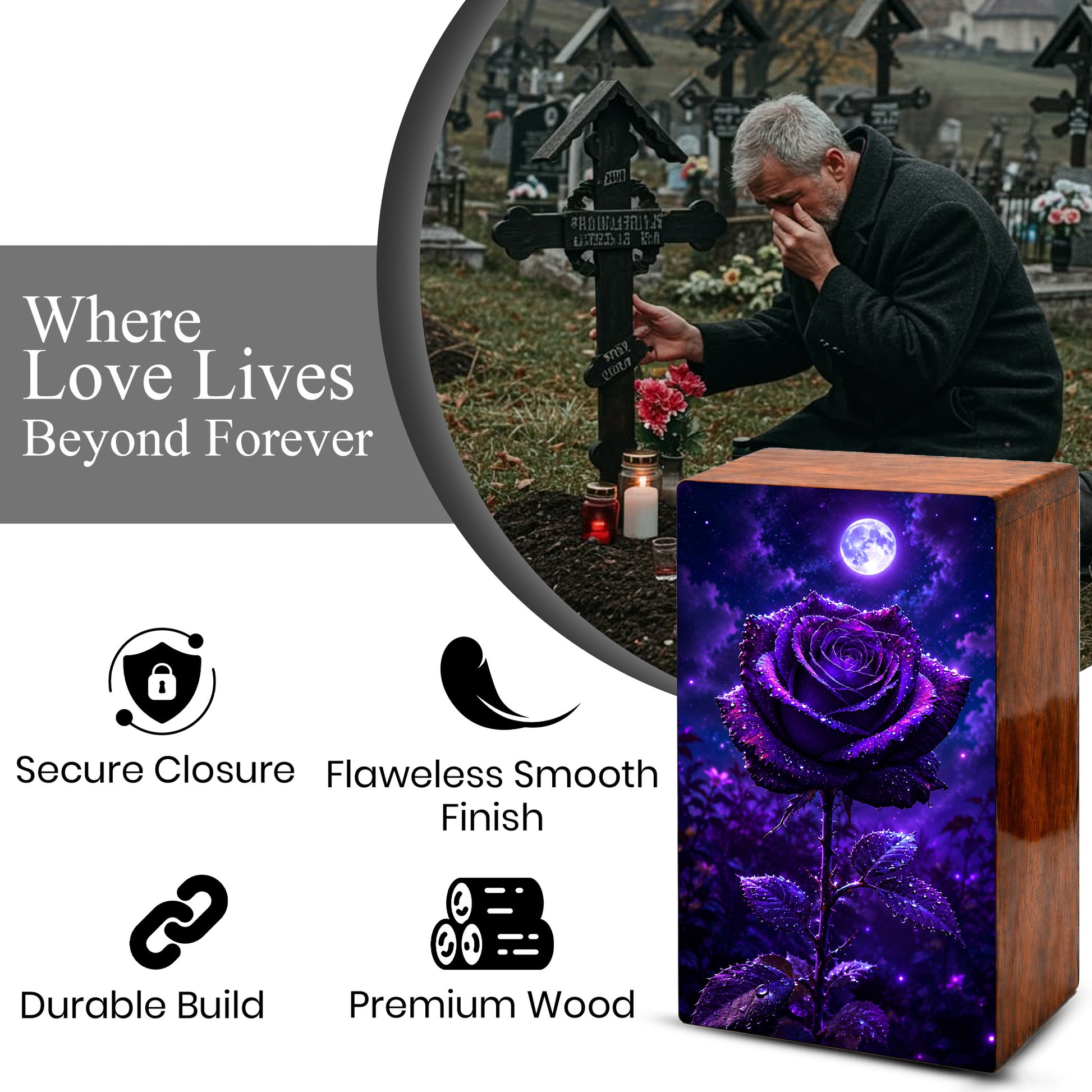 Purple Rose Flower Urn For Female Ashes - Funeral Flower Cremation Urns Box