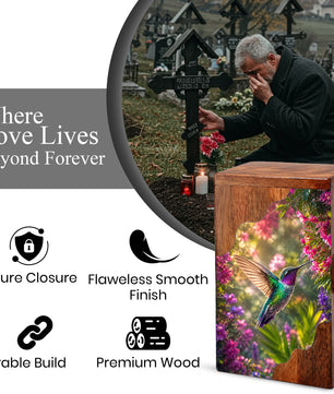 Green Hummingbird Wooden Cremation Urn – Floral Memorial Wooden Urn for Human Ashes