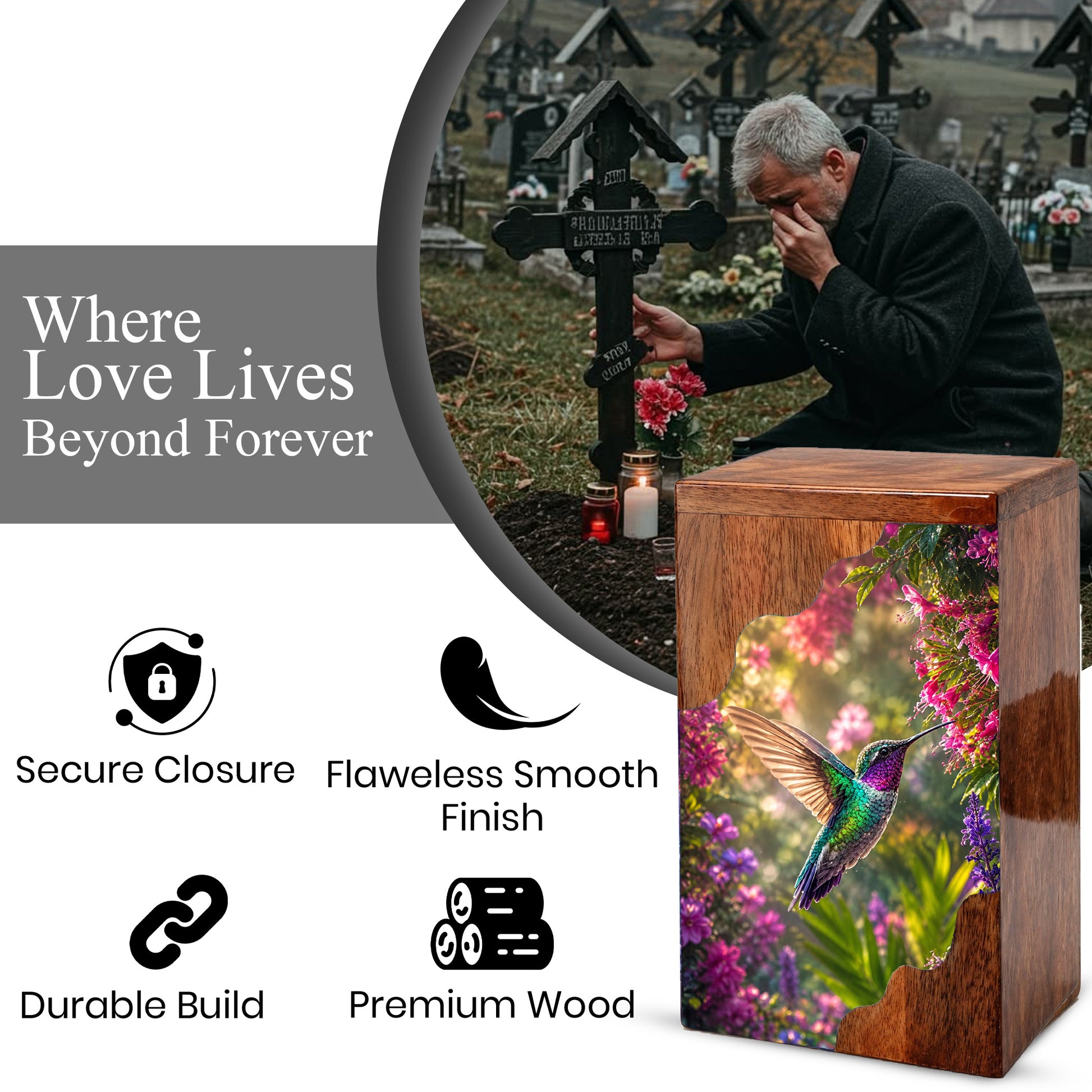 Green Hummingbird Wooden Cremation Urn – Floral Memorial Wooden Urn for Human Ashes