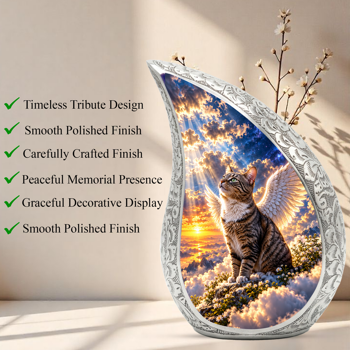 Angel Cat Cremation Urn for Ashes, Winged Cat Memorial Urn, Adult Aluminum Urn