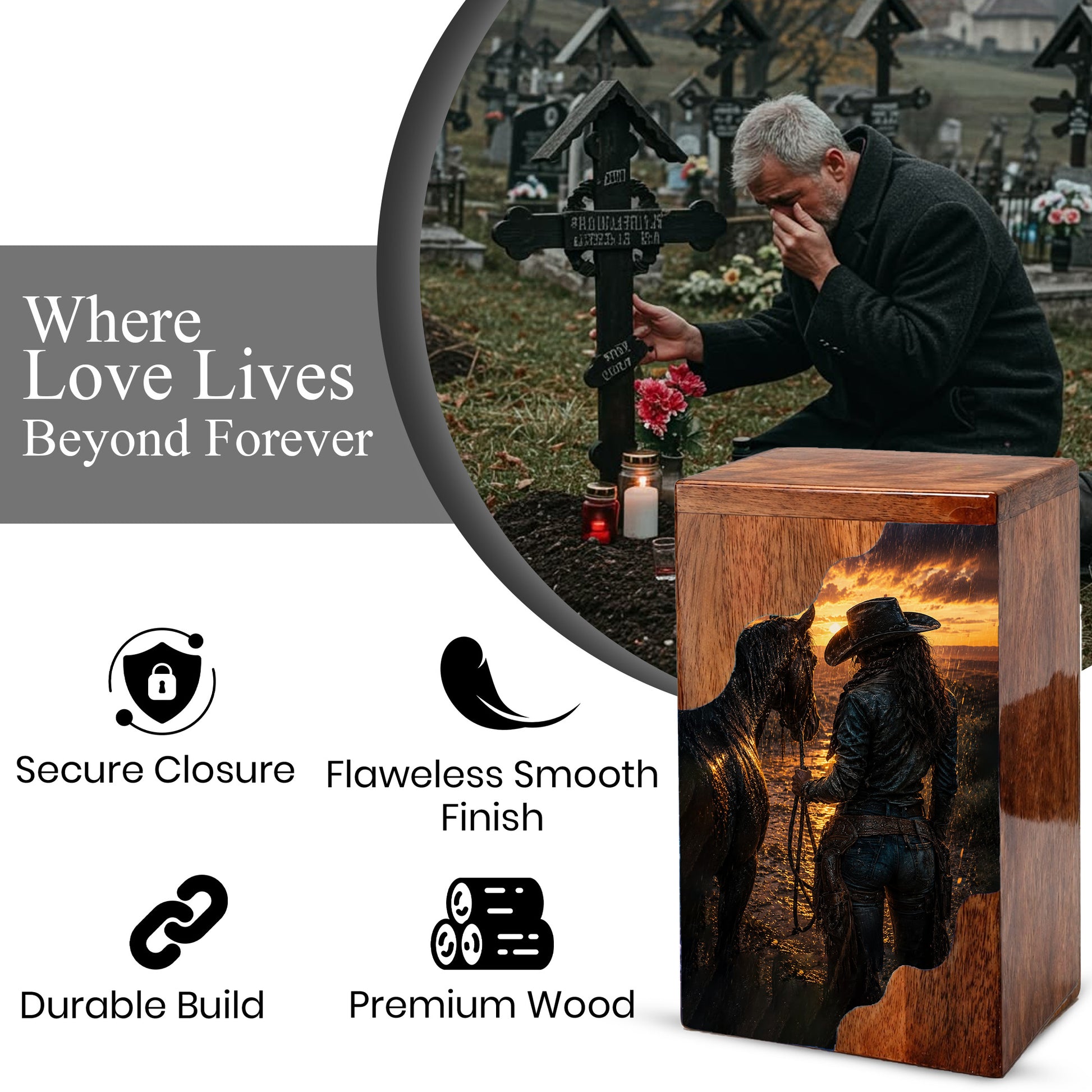 Western Horse Wooden Cremation Urn for Mom – Custom Memorial Urn for Human Ashes