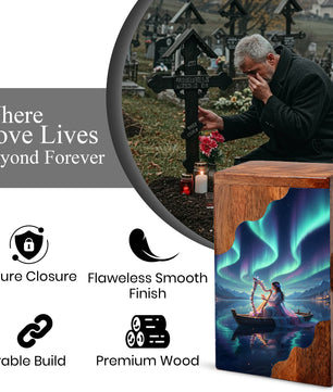 Aurora Harp Wooden Cremation Urn – Celestial Lake Memorial Wooden Urn for Human Ashes
