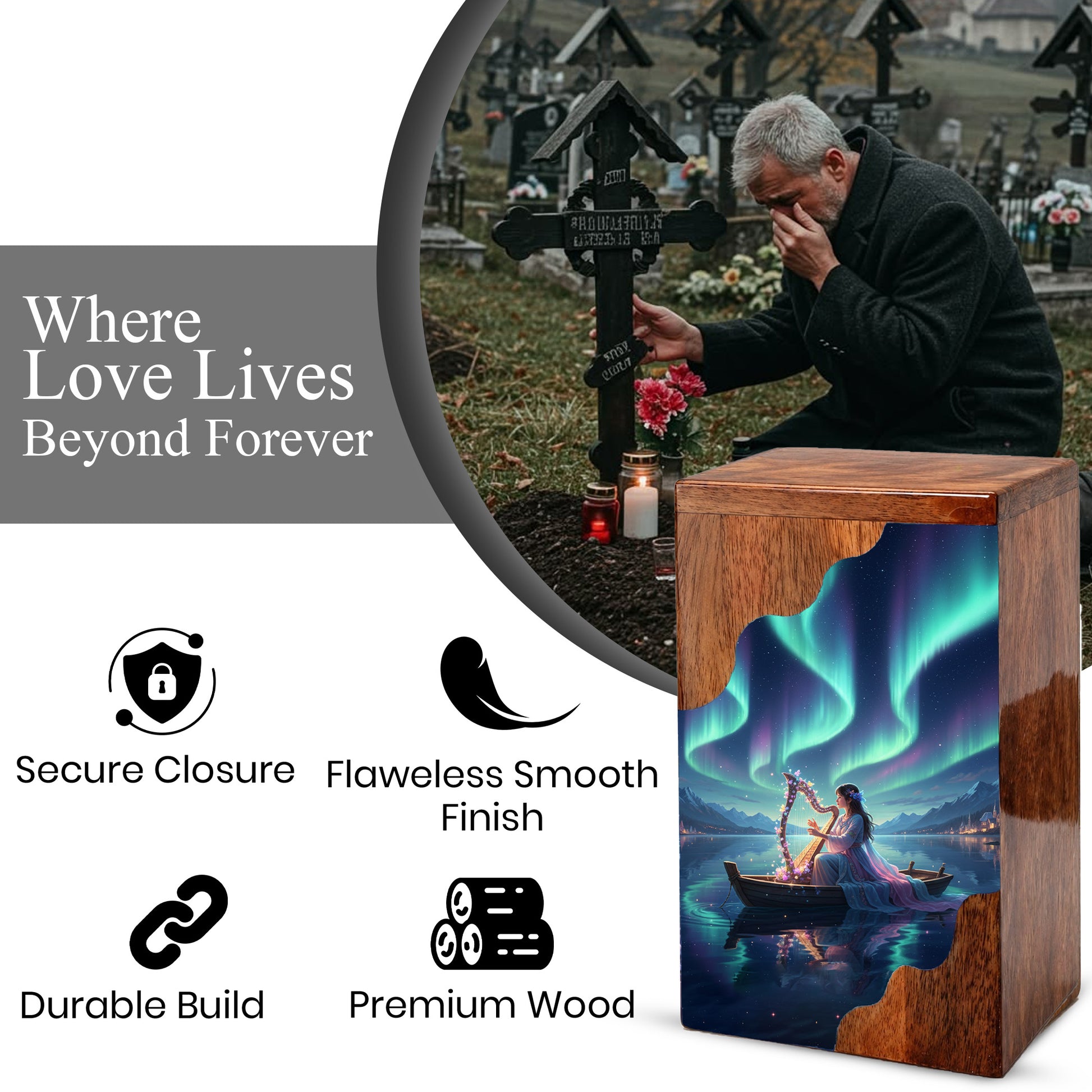 Aurora Harp Wooden Cremation Urn – Celestial Lake Memorial Wooden Urn for Human Ashes