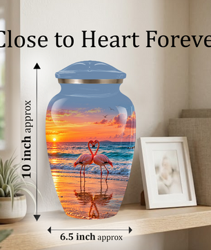 Flamingo Cremation Urn for Ashes, Romantic Beach Sunset Design, Custom Urn for Loved Ones