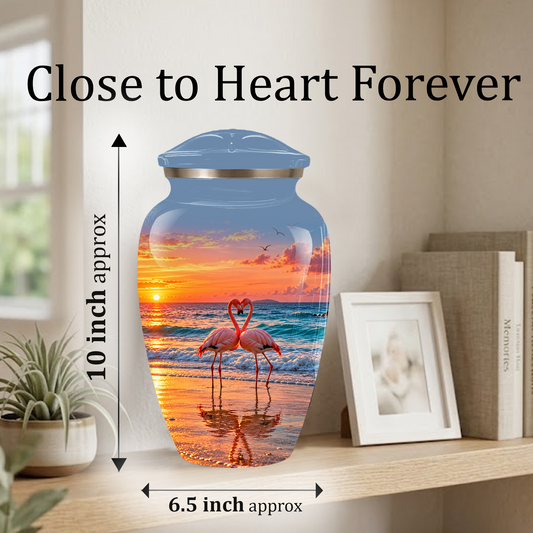 Flamingo Cremation Urn for Ashes, Romantic Beach Sunset Design, Custom Urn for Loved Ones