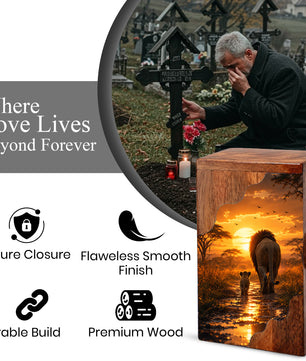 Lion Wooden Cremation Urn – Sunset Memorial Urn for Human Ashes | Strength, Love & Eternal Connection Wooden Urn