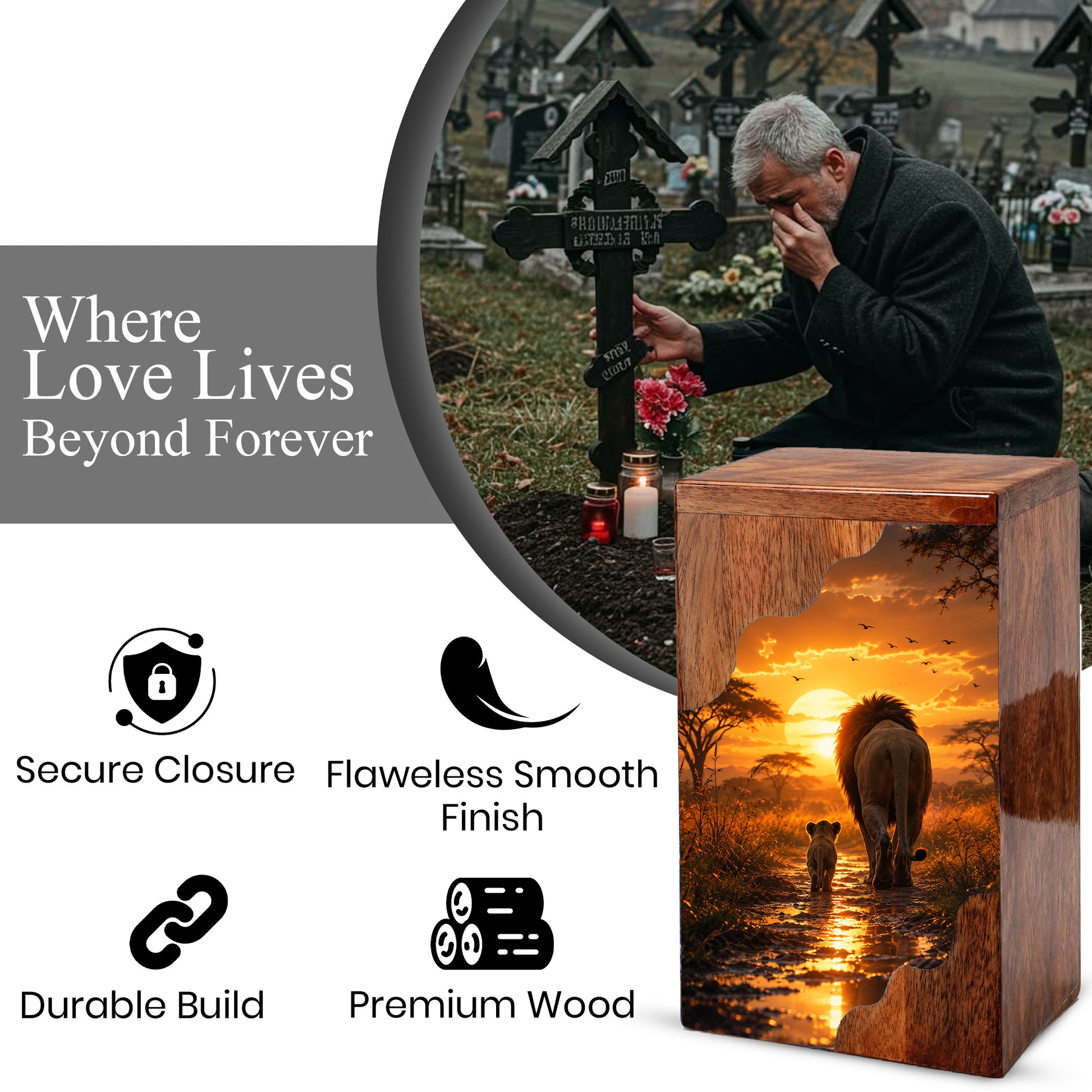 Lion Wooden Cremation Urn – Sunset Memorial Urn for Human Ashes | Strength, Love & Eternal Connection Wooden Urn