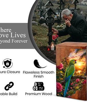 Tropical Parrot Wooden Cremation Urn – Personalized Memorial Urn for Human Ashes