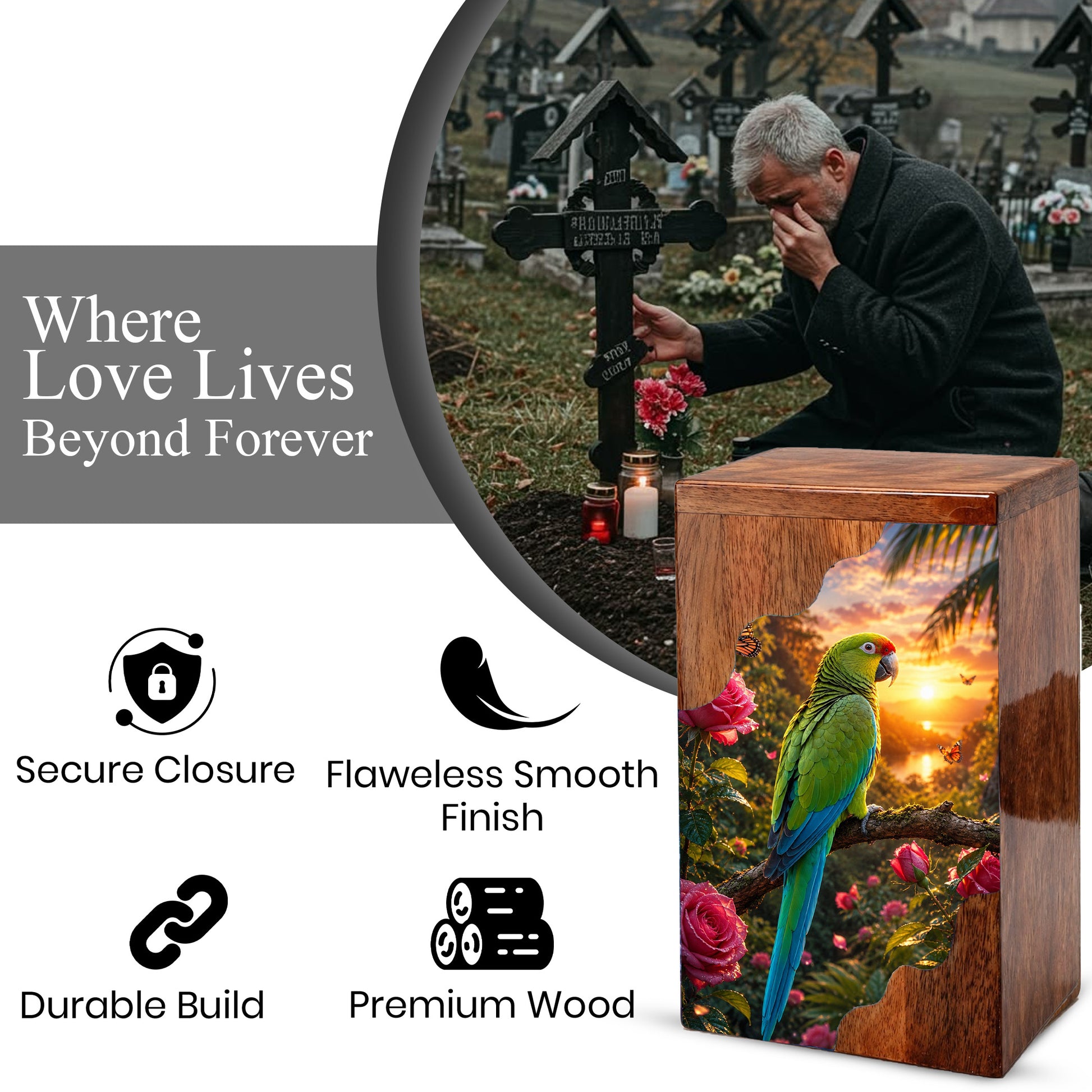 Tropical Parrot Wooden Cremation Urn – Personalized Memorial Urn for Human Ashes