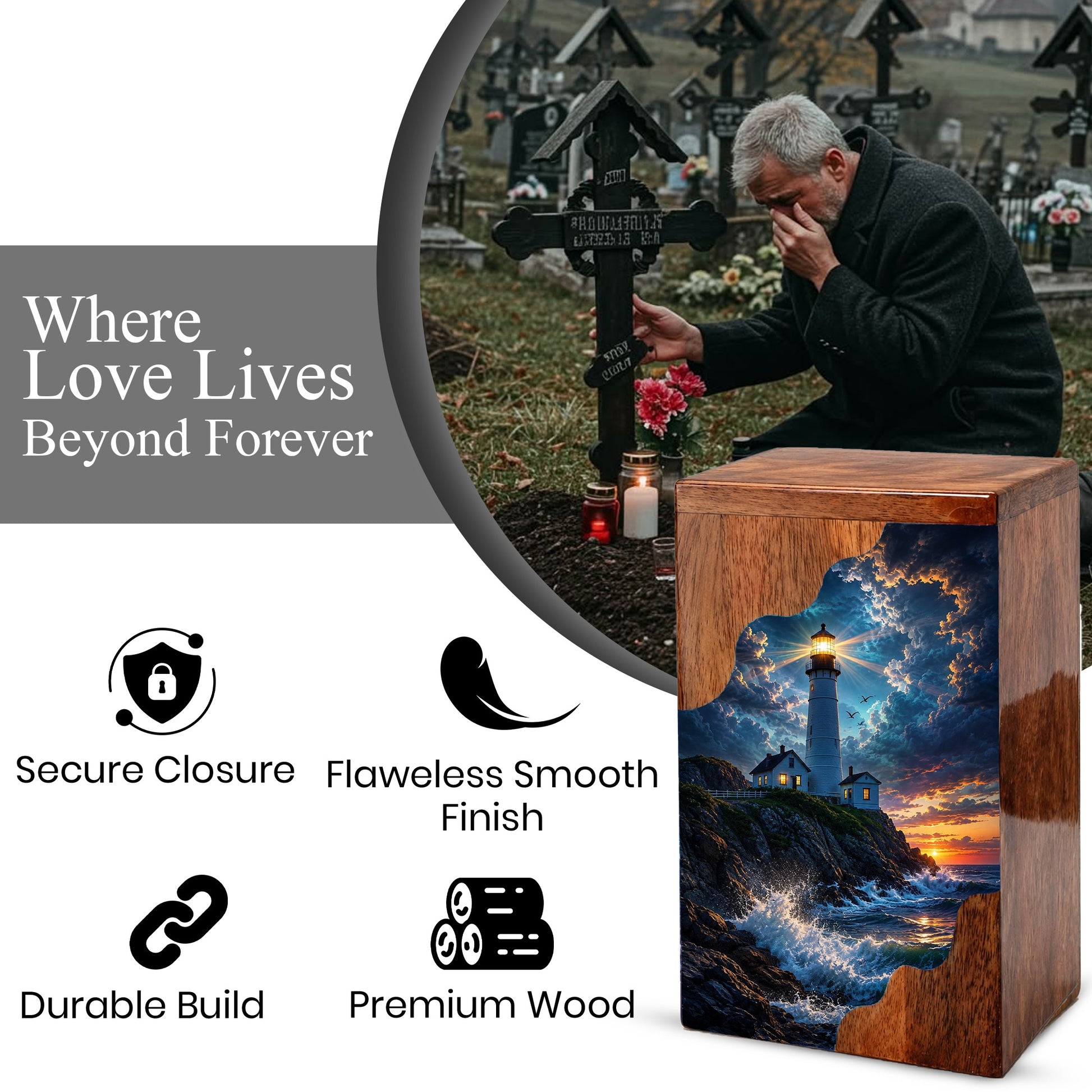 Lighthouse Wooden Cremation Urn for Human Ashes