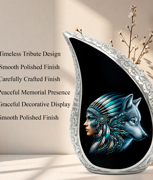 Native American Woman Urn for Mom with Wolf Spirit Art – Personalized Memorial Urn for Human Ashes