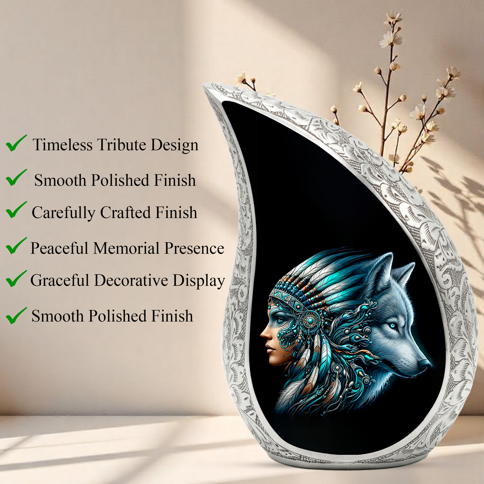 Native American Woman Urn for Mom with Wolf Spirit Art – Personalized Memorial Urn for Human Ashes