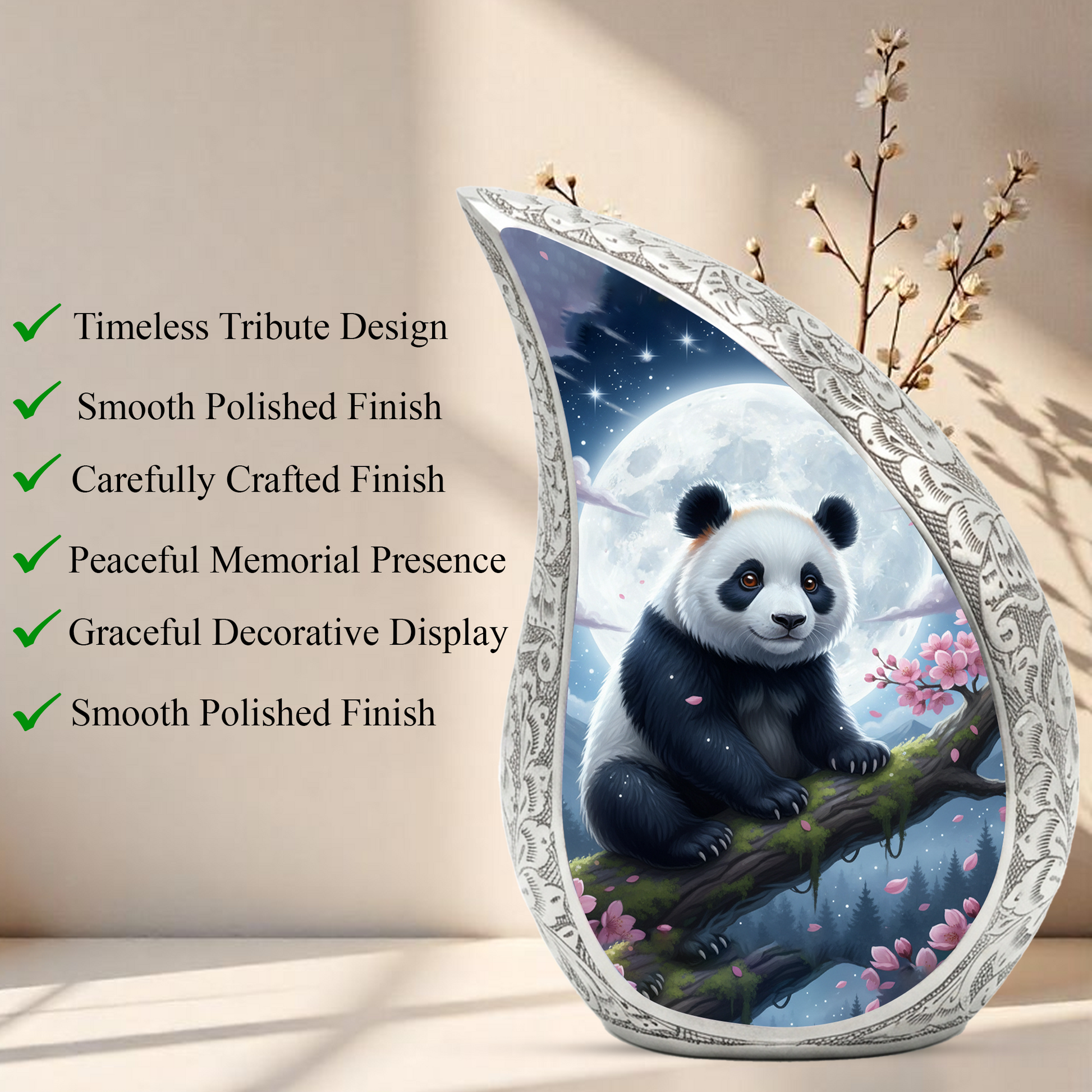 Moonlit Panda Personalized Cremation Urn – Teardrop Style Aluminum Memorial Urn, 10 Inch