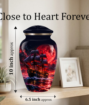 Personalized Adult Cremation Urn for Ashes, Custom Pirate Ship Red Moon Memorial Urn, Nautical Cremation Urn