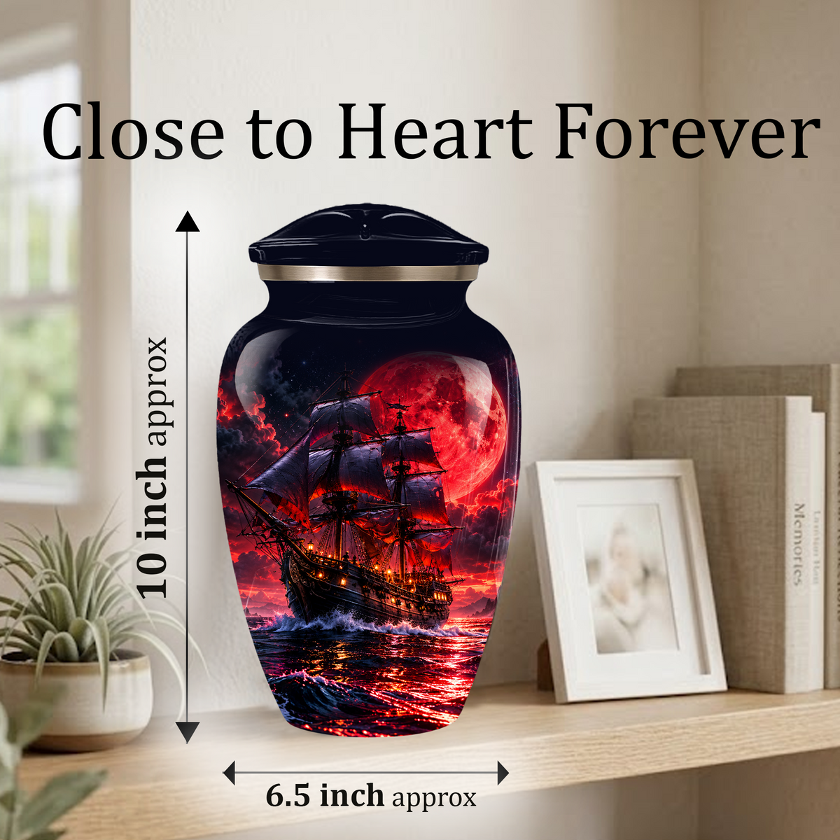 Personalized Adult Cremation Urn for Ashes, Custom Pirate Ship Red Moon Memorial Urn, Nautical Cremation Urn