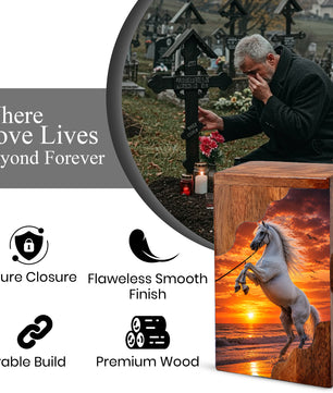 Sunset Horse Wooden Cremation Urn – Ocean Memorial Urn for Human Ashes