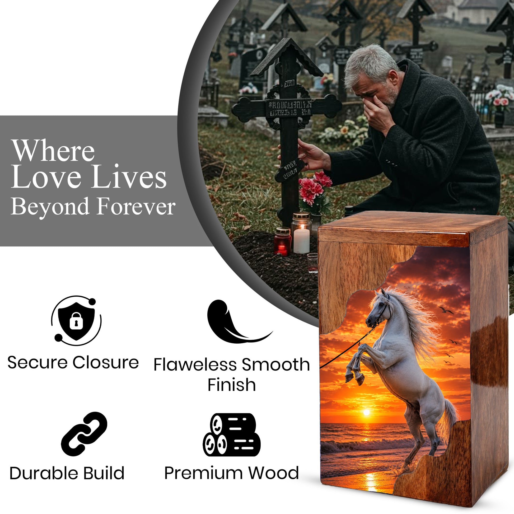Sunset Horse Wooden Cremation Urn – Ocean Memorial Urn for Human Ashes