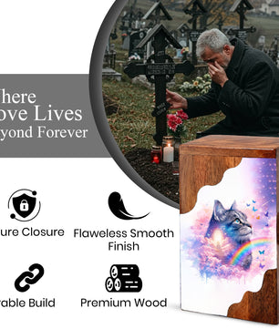 Wooden Cat Cremation Urn – Custom Cat Memorial Urn with Rainbow Bridge Design
