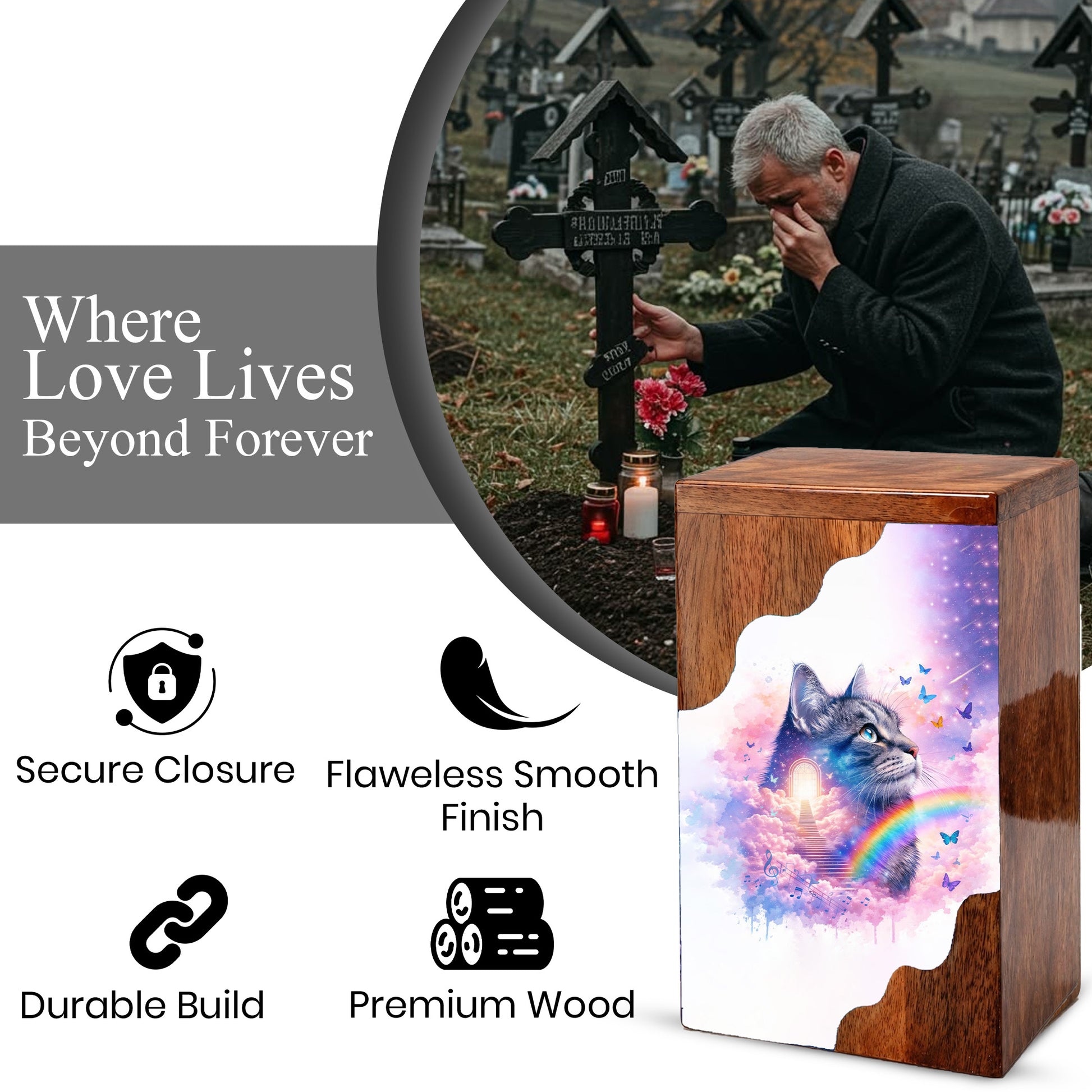 Wooden Cat Cremation Urn – Custom Cat Memorial Urn with Rainbow Bridge Design
