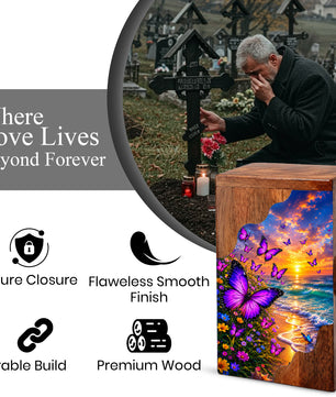 Purple Butterfly Beach Wooden Cremation Urn – Wooden Urn for Human Ashes