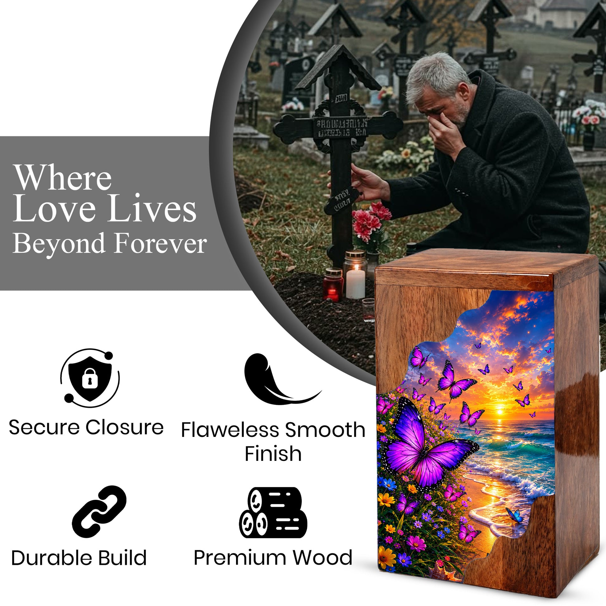 Purple Butterfly Beach Wooden Cremation Urn – Wooden Urn for Human Ashes