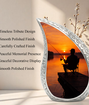 Personalized Fishing Cremation Urn for Dad – Custom Memorial Urn for Ashes, Sunset Lake Teardrop Aluminum Adult Urn, 10 Inch