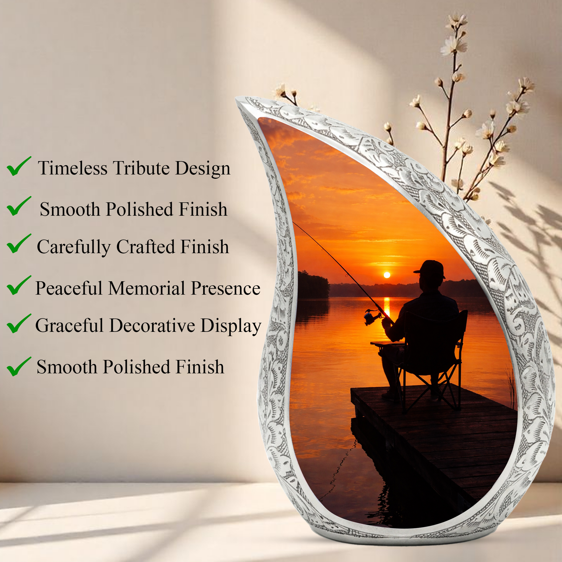 Personalized Fishing Cremation Urn for Dad – Custom Memorial Urn for Ashes, Sunset Lake Teardrop Aluminum Adult Urn, 10 Inch