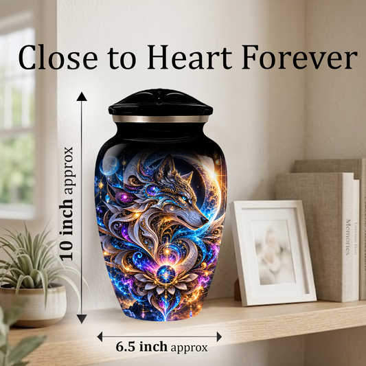 Personalized Adult Cremation Urn for Ashes, Celestial Wolf Memorial Urn, Fantasy Wolf Aluminum Cremation Urn