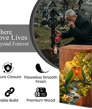 Lovebirds Wooden Cremation Urn – Memorial Urn for Human Ashes