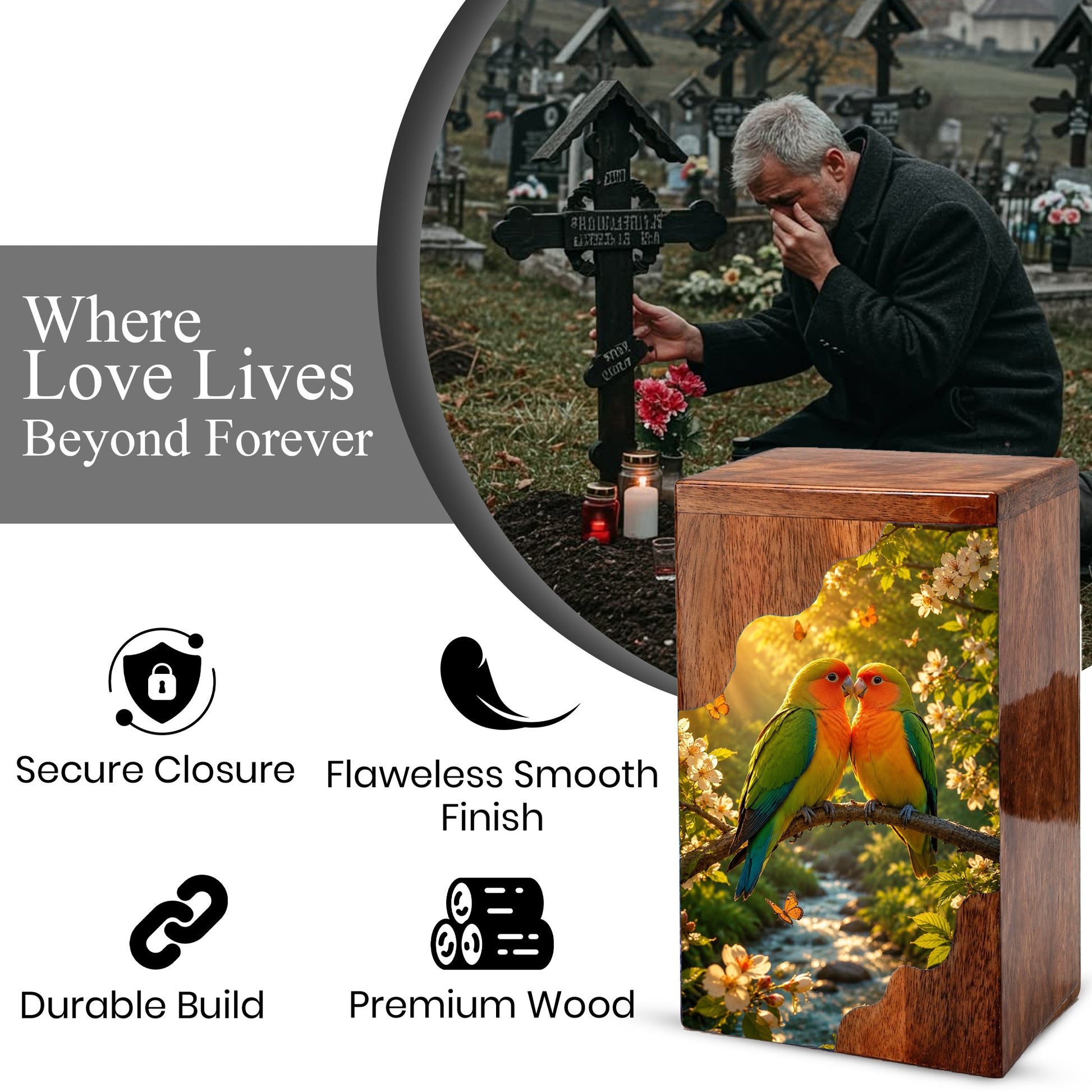 Lovebirds Wooden Cremation Urn – Memorial Urn for Human Ashes