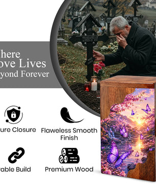Purple Butterfly Wooden Cremation Urn – Floral Waterfall Memorial Urn for Human Ashes