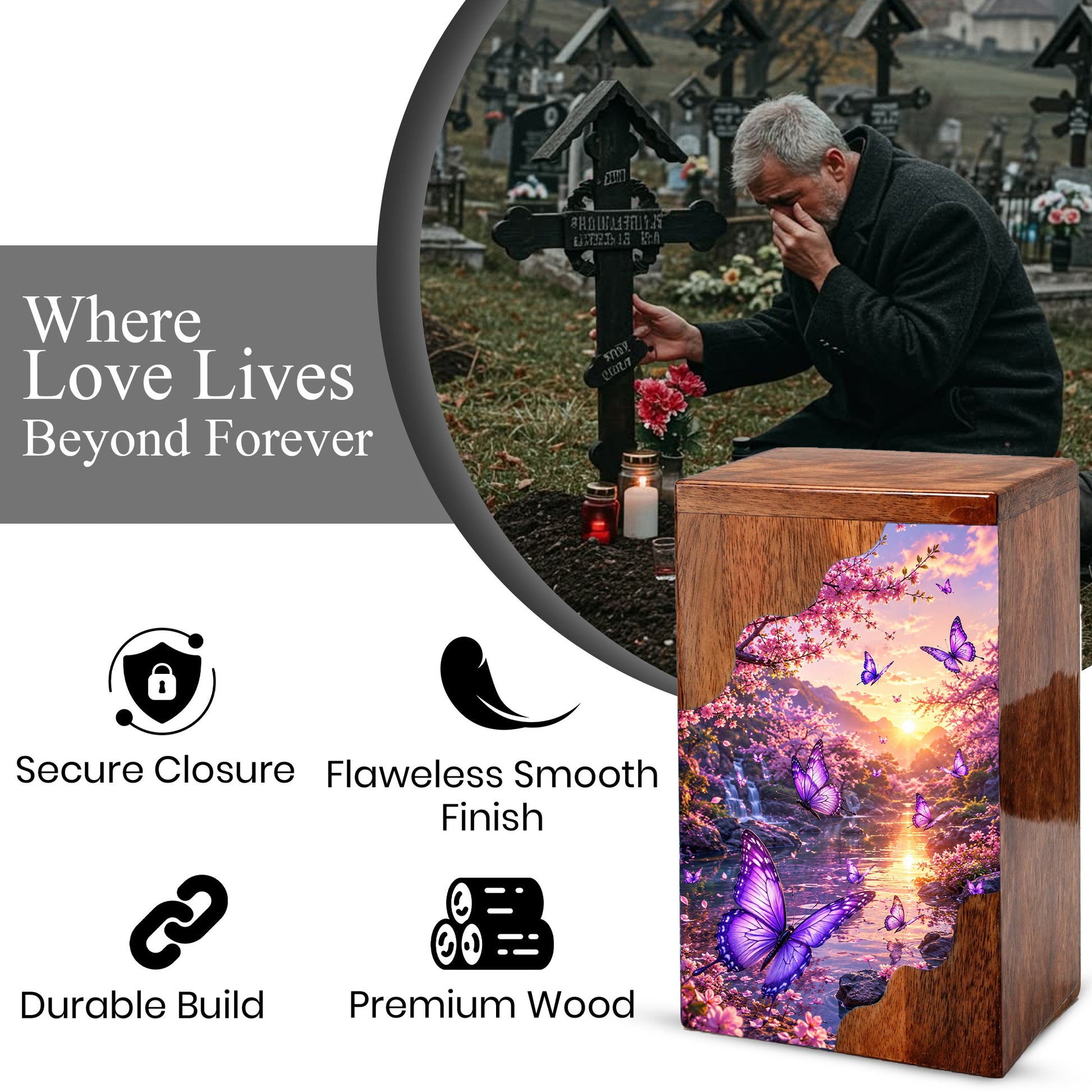 Purple Butterfly Wooden Cremation Urn – Floral Waterfall Memorial Urn for Human Ashes