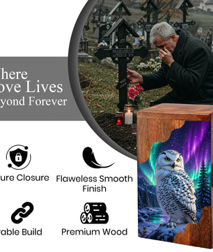 Snowy Owl Wooden Cremation Urn – Aurora Memorial Urn | Wooden Urn for Human Ashes
