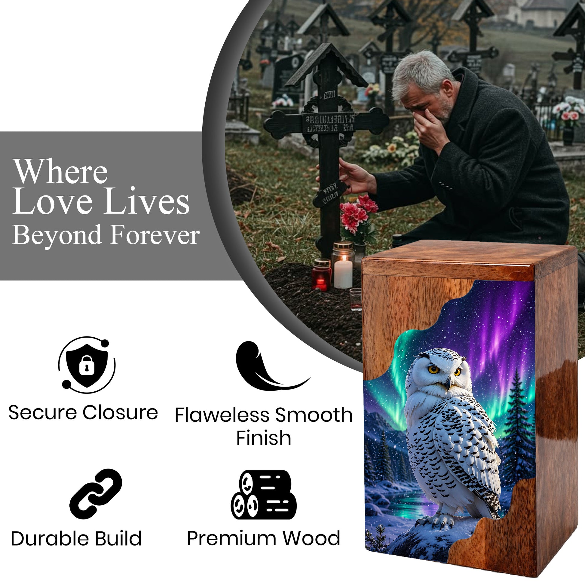 Snowy Owl Wooden Cremation Urn – Aurora Memorial Urn | Wooden Urn for Human Ashes