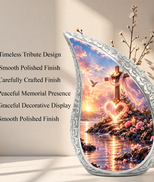 Christian Cross Cremation Urn for Adult Ashes, Sunset Memorial Urn with Dove and Glowing Heart, Religious Urn for Mom or Dad