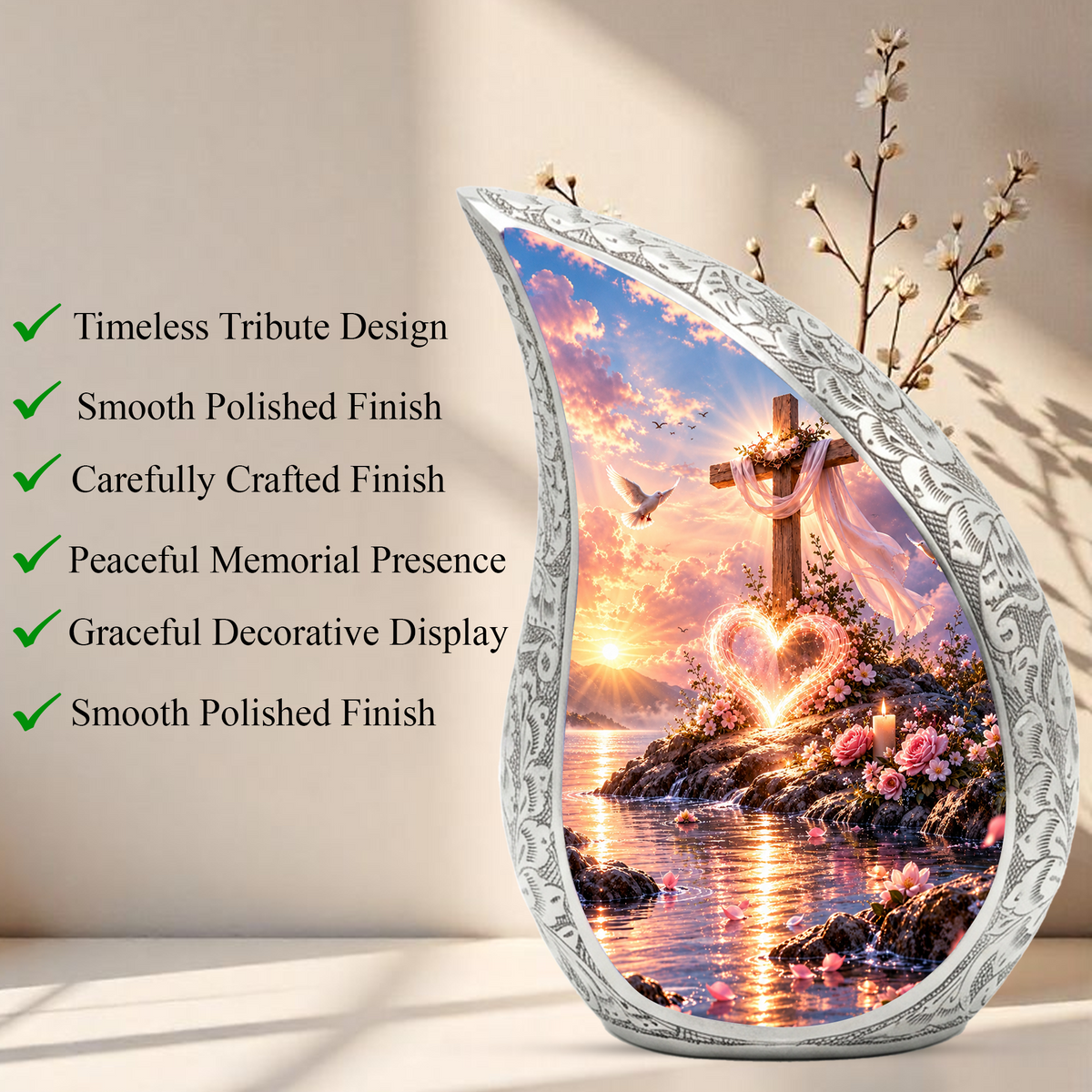 Christian Cross Cremation Urn for Adult Ashes, Sunset Memorial Urn with Dove and Glowing Heart, Religious Urn for Mom or Dad